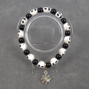 Gothic Halloween Skull Stretch Bracelet w/ Spider Web Charm Black & White Skulls